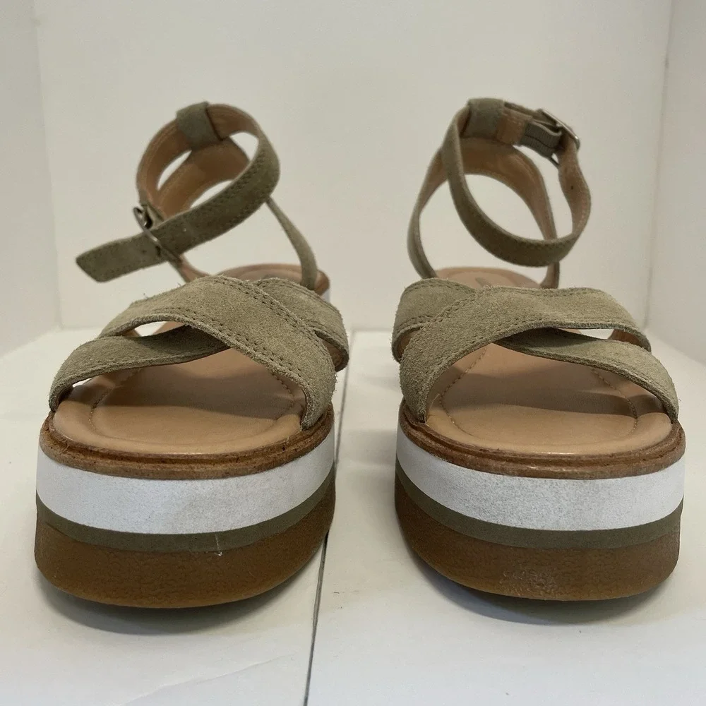 Lucky Brand Suede Wedge Platform Sandal Size‎ 8.5 Tarhi Olive Green Brown Whit